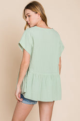 Cotton Bleu by Nu Lab Women's Ruched Notched Short Sleeve Cotton Blouse - Elegant & Versatile